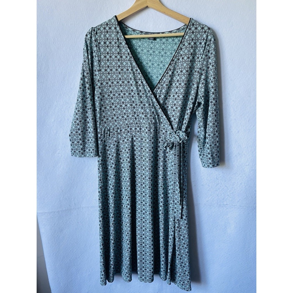 APT 9, Mint Stretch Wrap Dress with Geometric Print, 3/4 Length Sleeve,Size LG,